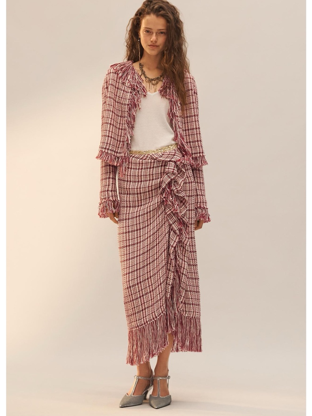 Zara Limited Edition Pink Plaid Tweed Maxi Skirt with Fringe available in XS & S